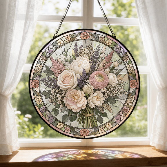 Round Stained Glass Window Hanging Suncatcher Wedding Keepsake Bouquet Gift