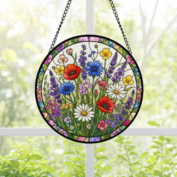 Round Stained Glass Window Hanging Suncatcher Wildflower Meadow Floral Gift