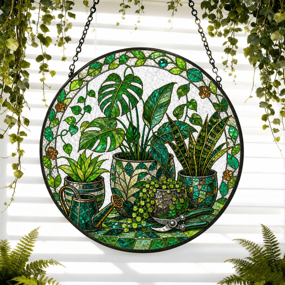 Round Stained Glass Window Hanging Suncatcher for Houseplant Lovers, Acrylic Gift