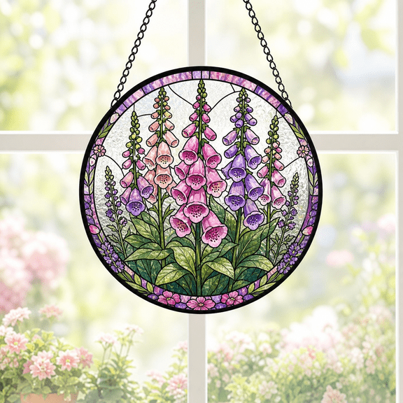 Round Stained Glass Window Hanging Suncatcher with Foxglove Flowers for Garden Gift