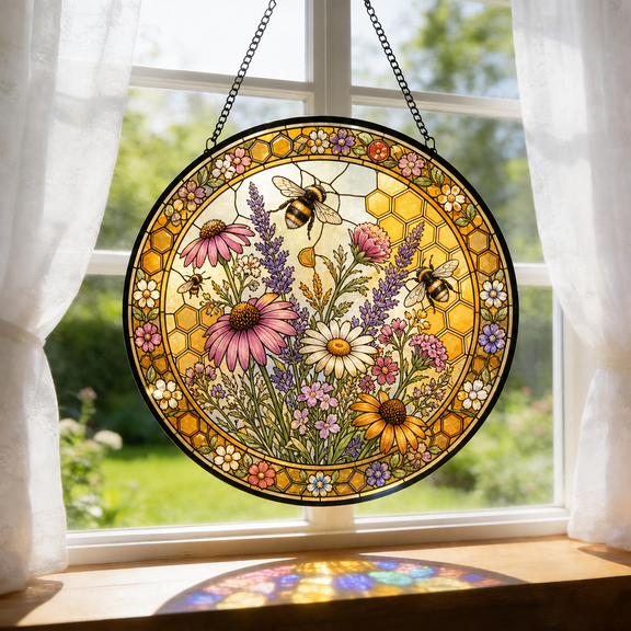Round Stained Glass Window Hanging Suncatcher with Honeycomb Bees & Wildflowers