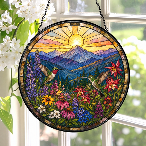 Round Stained Glass Window Hanging Suncatcher with Hummingbird Mountain Wildflowers