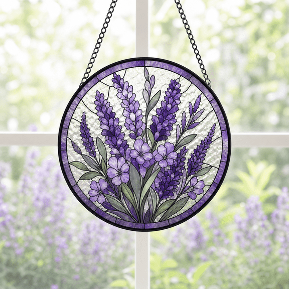Round Stained Glass Window Hanging Suncatcher with Lavender Flowers Gift for Mom