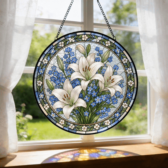 Round Stained Glass Window Hanging Suncatcher with Lilies, Sympathy Gift