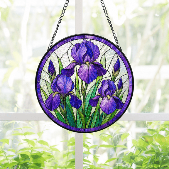 Round Stained Glass Window Hanging Suncatcher with Purple Iris Flowers Gift