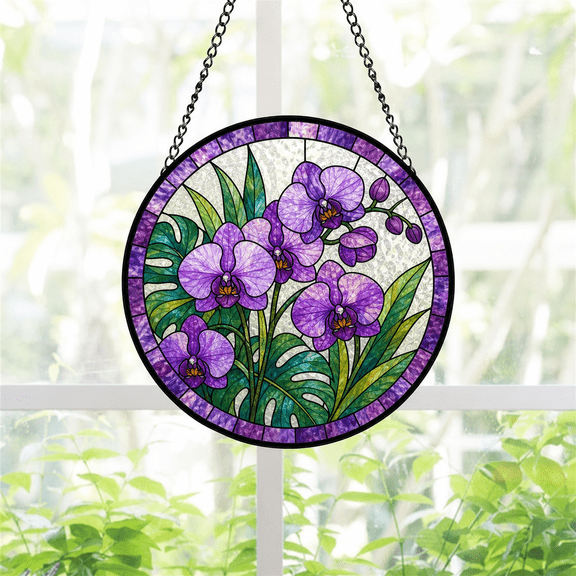 Round Stained Glass Window Hanging Suncatcher with Purple Orchids Gift