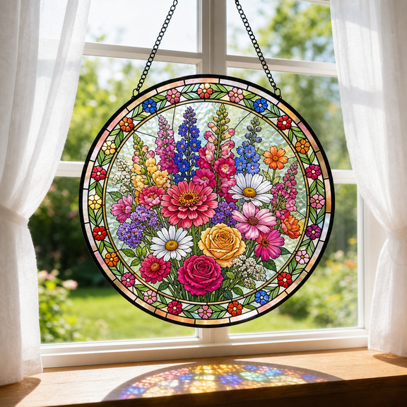 Round Stained Glass Window Hanging Suncatcher with Summer Cottage Garden Flowers