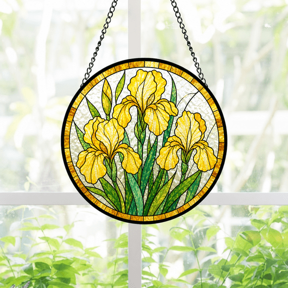 Round Stained Glass Window Hanging Suncatcher with Yellow Iris Flowers Gift