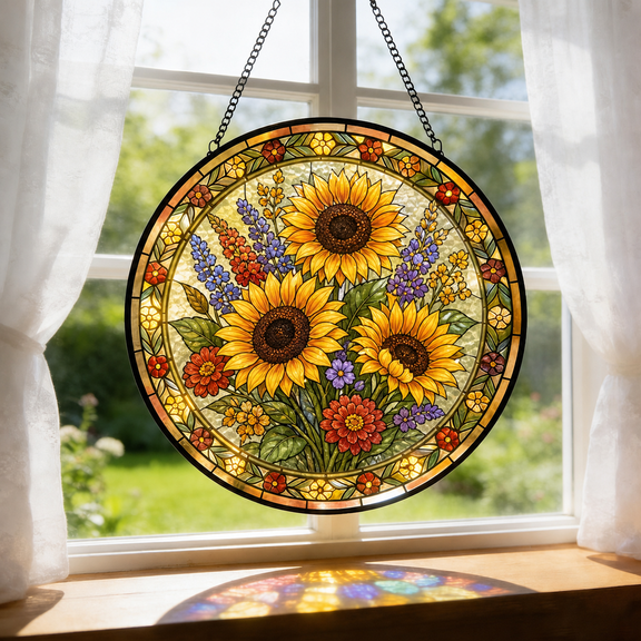 Round Stained Glass Window Hanging Sunflower Bouquet Suncatcher Gift for Mom