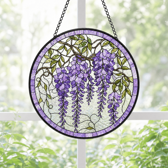Round Stained Glass Window Hanging Wisteria Suncatcher Gift for Mom or Garden Lovers
