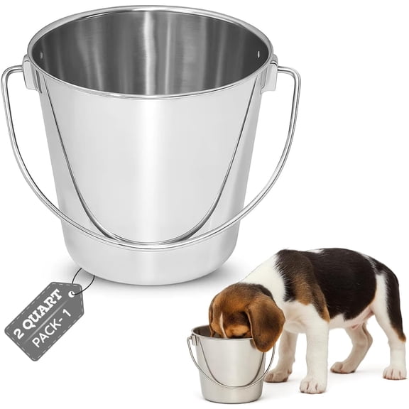 AASPIRE PETS 2 Quart Heavy Duty Stainless Steel Round Bucket with Handle | Durable Food & Water Bowl for Small Livestock | Fits kennel Crate Cages Farm Hanging Pail | Multipurpose use