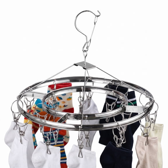 Round Stainless Steel Clothes Drying Rack 20 Clips Windproof Hanger for Socks Underwear
