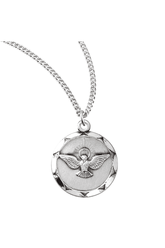 Round Sterling Silver Holy Spirit Medal with Scalloped Edges, 18" Rhodium Plated Stainless Steel Chain Necklace, Made in USA- Deluxe Velvet Gift Box Included