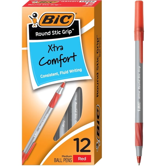 Round Stic Grip Xtra Comfort Ballpoint Pen, Medium Point (1.2mm), Red, 12-Count