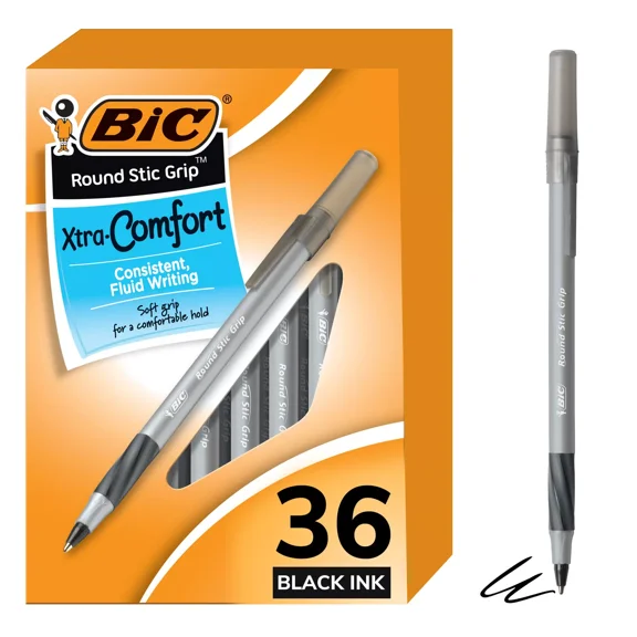 Round Stic Grip Xtra Life Ball Pen, Medium Point (1.2mm), Black, 36-Count