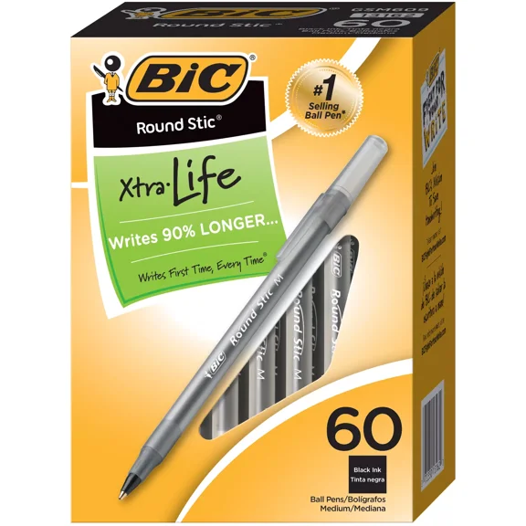 Round Stic Xtra Life Ball Pen, Medium Point (1.0 mm), Black, 60-Count