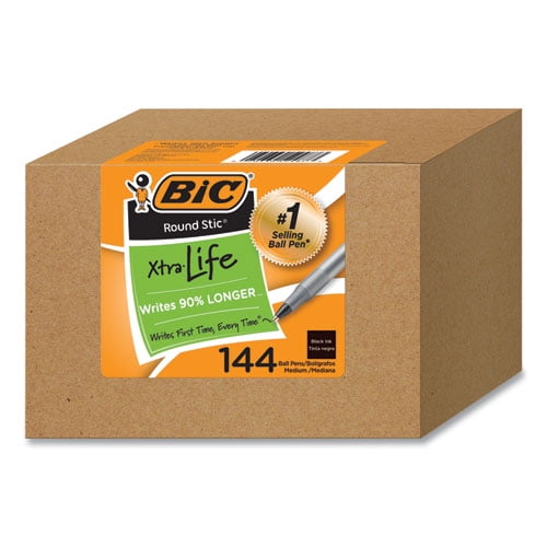 Round Stic Xtra Life Ballpoint Pen, Stick, Medium 1 mm, Black Ink, Translucent Black Barrel, 144/Pac | Bundle of 10