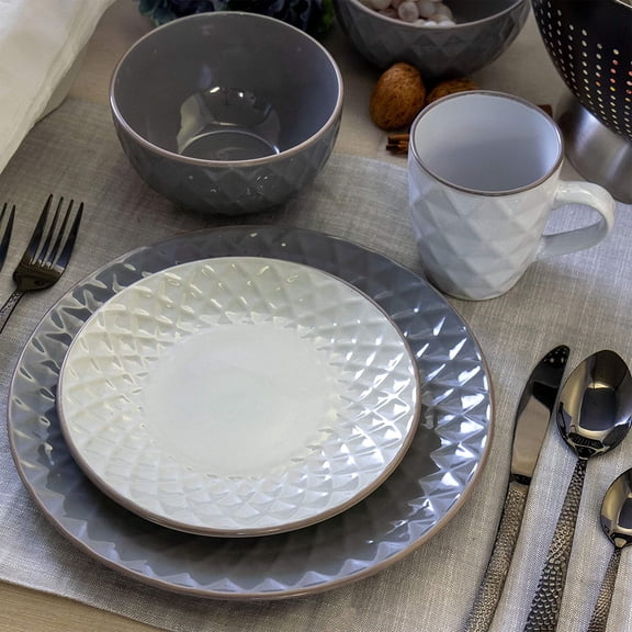 Round Stoneware Collection Dinnerware Dish Set, 16 Piece, Slate and