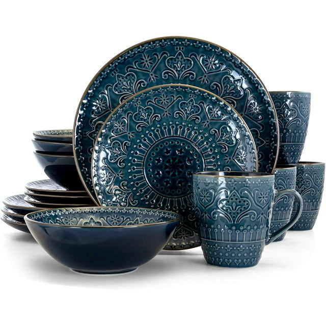 Round Stoneware Embossed Dinnerware Dish Set, 16 Piece, Ocean Teal and Green