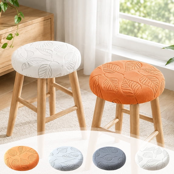 Round Stool Cover, Elastic Bar Stool Cover with Embossed Leaf Texture, Washable Stretch Slipcover for Swivel and Rolling Stools