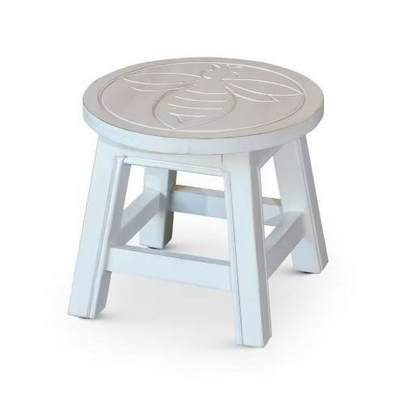 Round Stool, Wooden Step Stool, Shoe Stool for Living Room, Bedroom, 11" Children's Stool, Mini Side Table, Wood Ottoman, Antique White + Queen Bee