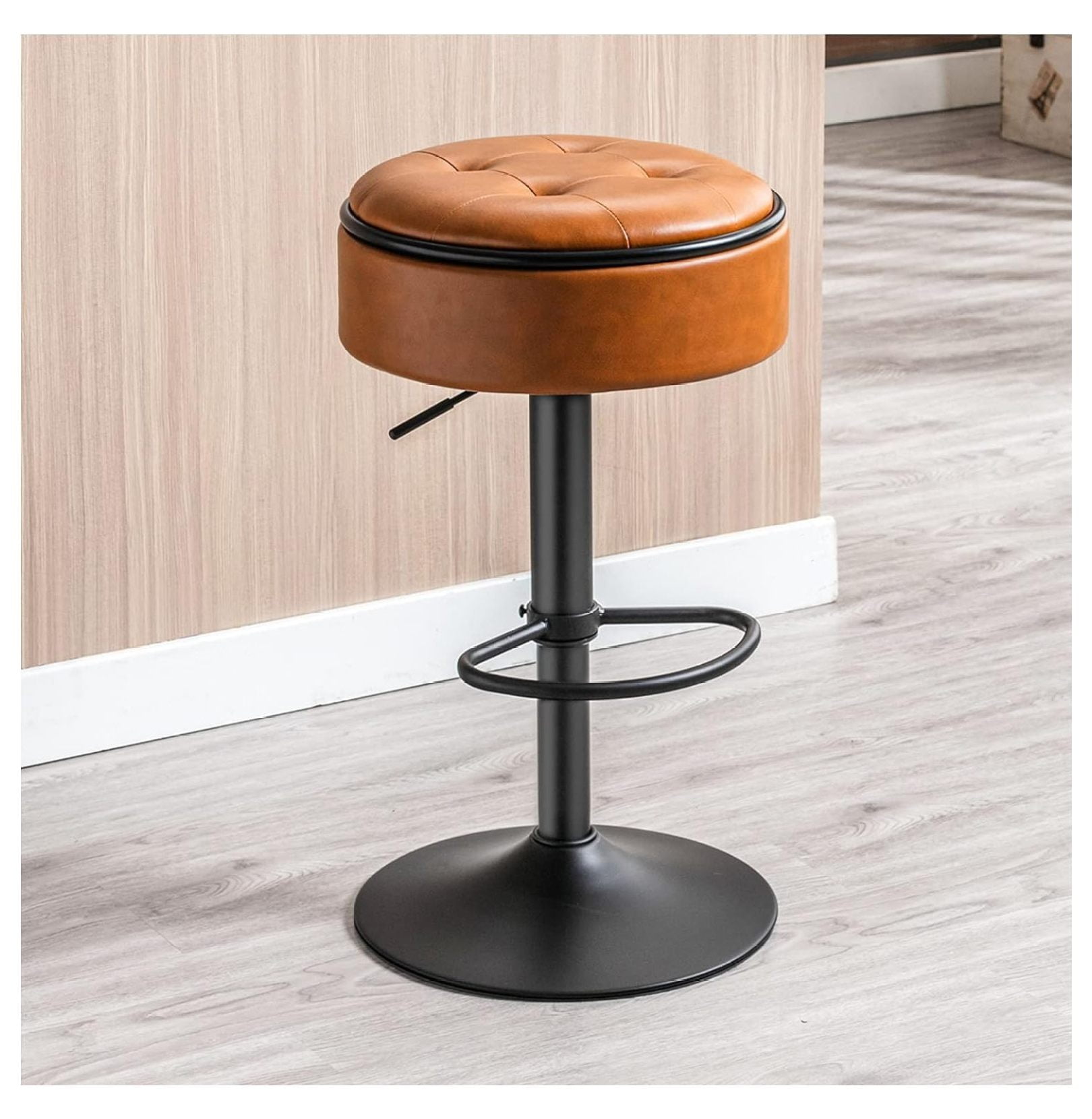 Round Storage Bar Stool, Whiskey Brown Faux Leather Height Adjustable