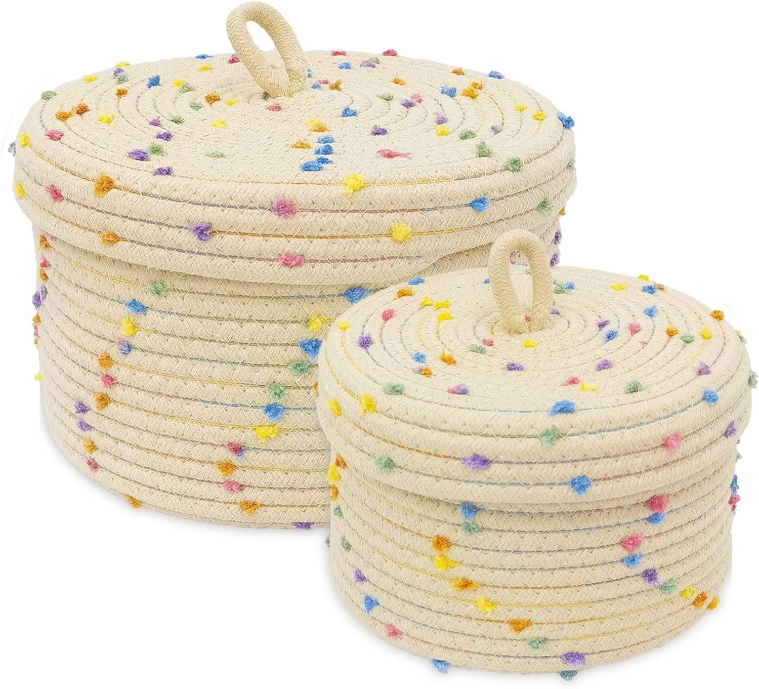 Round Storage Baskets with Lids, Small Cotton Rope Woven Storage Baskets Set, Rainbow Pompom Decorative Storage Bins