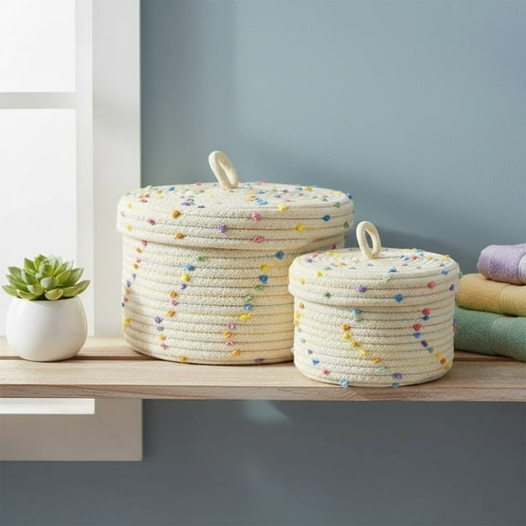 Round Storage Baskets with Lids, Small Cotton Rope Woven Storage Baskets Set, Rainbow Pompom Decorative Storage Bins