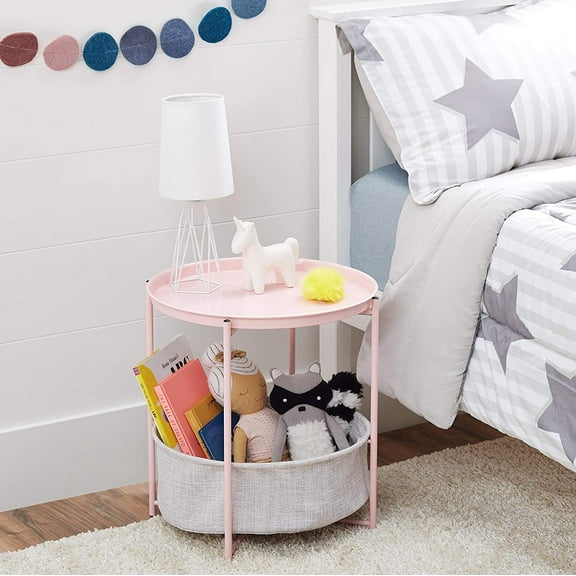 Round Storage End Table with Cloth Basket, Dusty Pink, 17.7" D x 17.7" W x 18.9" H