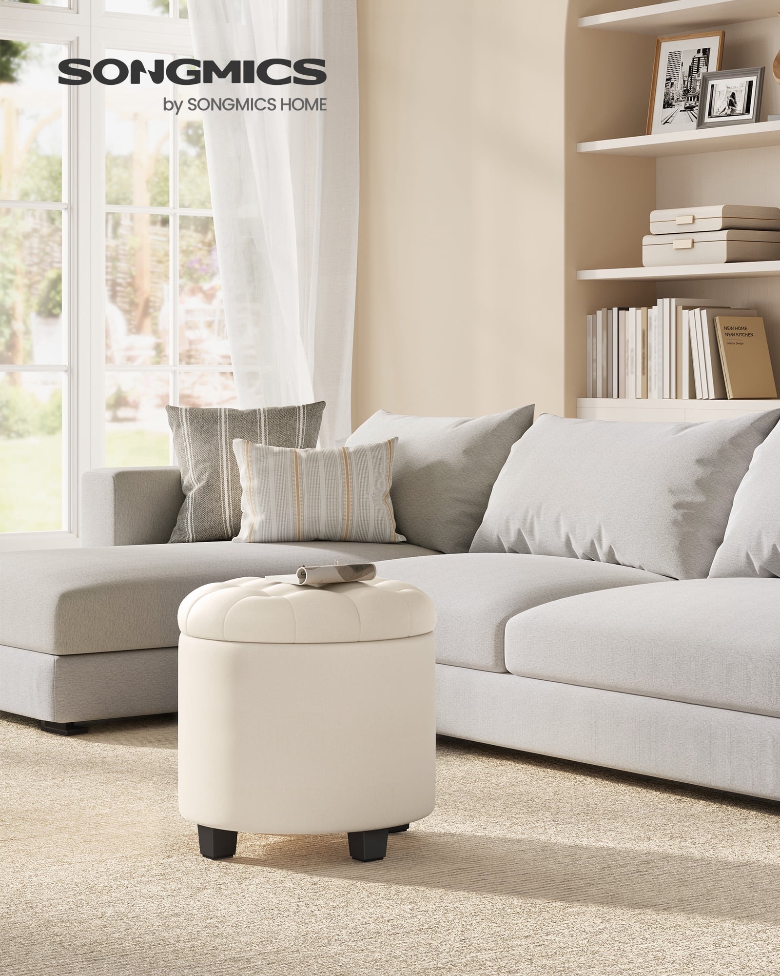 Round Storage Ottoman - 17.7" Foot Rest with Hidden Compartment, 330lb Capacity, Linen-Look Upholstery, Versatile for Living Room & Bedroom, Light Beige