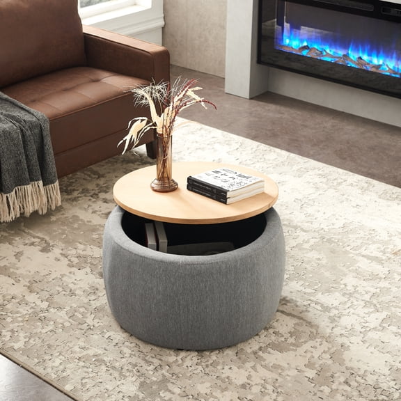 Round Storage Ottoman 2-in-1, 25.5" Folding Foot Rest Stool with Removable Lid, Works as End Table & Ottoman, Linen Upholstered Cushion for Living Room Bedroom, Dark Gray