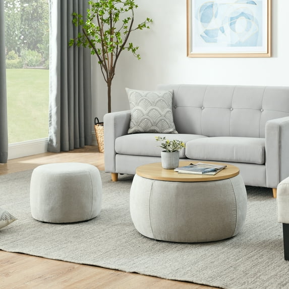 Round Storage Ottoman, 2-in-1 Function (End Table & Ottoman) with Small Seat (Light Grey, 25"x25"x14.7")