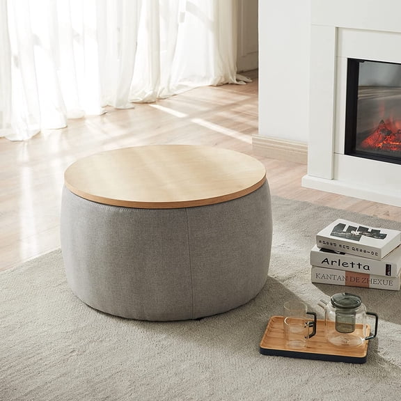 Round Storage Ottoman, 2 in 1 Function, Work as End Table and Ottoman