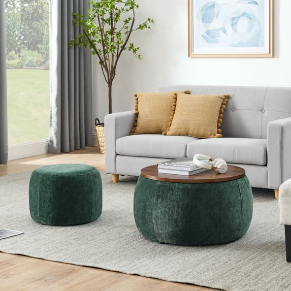 25” Round 2-in-1 Storage Ottoman - Light Grey, Multi-Function End Table & Small Seat, No Assembly Required (25”x25”x14.7”)