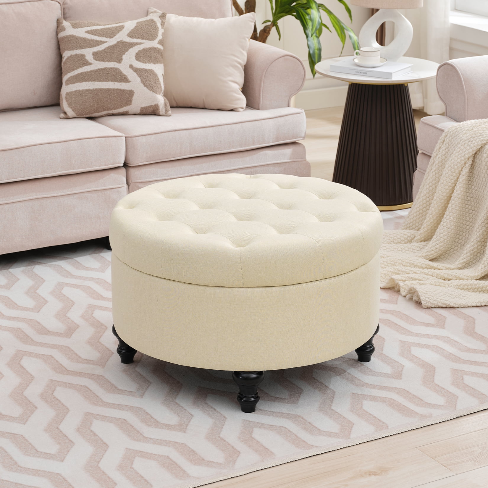 Beige Linen Tufted Round Cocktail Ottoman with Storage