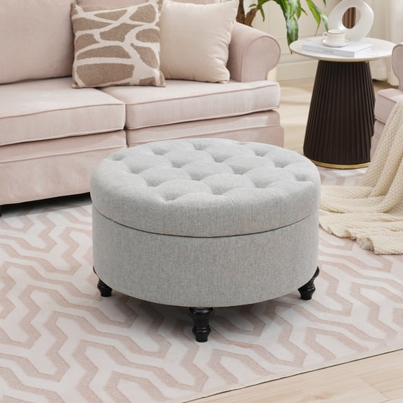 Round Storage Ottoman, 30" Modern Button Tufted Ottoman Coffee Table with Removable Top, Ottoman with Storage Footrest Stool for Living Room, Ottoman Foot Rest for Bedroom & Office