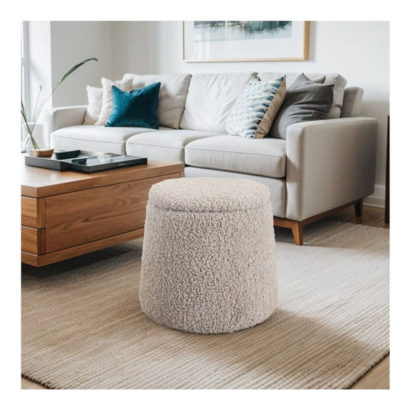 Round Storage Ottoman, Beige Boucle Ottoman with Lid, 15.7 Soft Fabric Foot Rest, Living Room Decor, Versatile Storage Cube, No Assembly