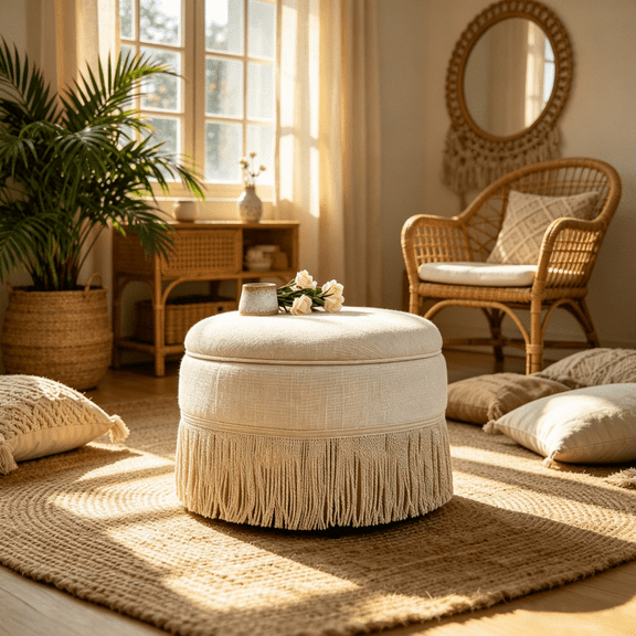 VEASMEI CASA Storage Ottoman Bench Modern Tassel Fringe Upholstered Storage 300 lbs Capacity Beige 1 Pack 23.23 Inch