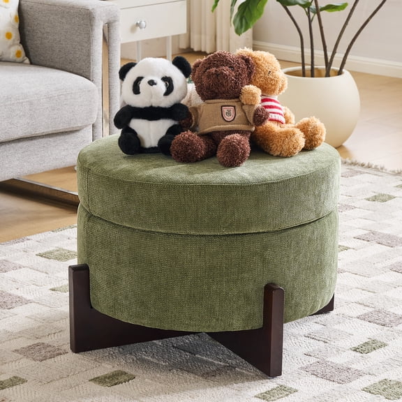 Round Storage Ottoman Bench, Upholstered Lift Top Storage Foot Stool with Solid Wood Legs, Multifunctional Circular Ottoman Footrest for Living Room Bedroom Entryway