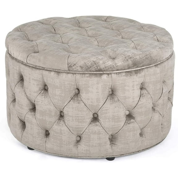 Round Storage Ottoman, Button Tufted Upholstered Ottoman with Removable Top, Storage Bench Coffee Table Footrest Stool for Living Room Bedroom Entryway (Beige)