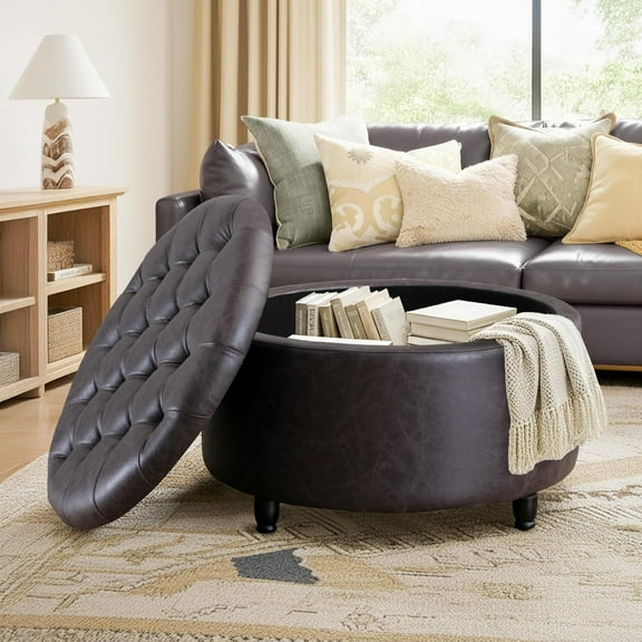 Round Storage Ottoman Classic 28-Inch Wide Button Tufted Footstool End Table with Lift-Off Lid