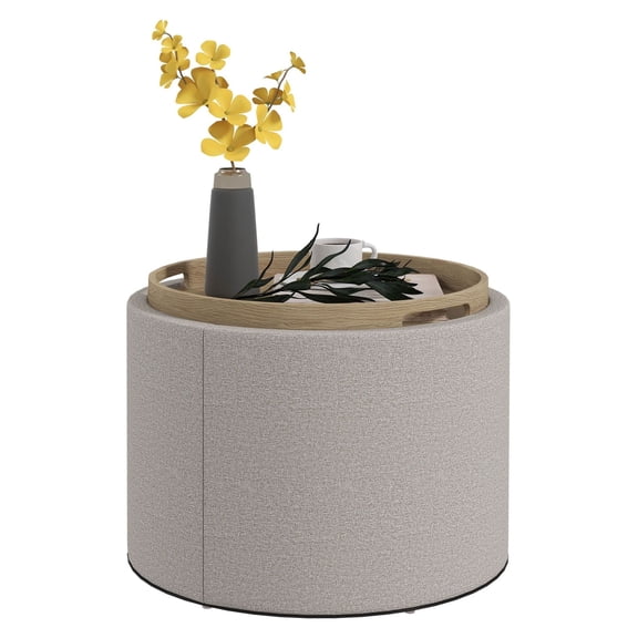 Round Storage Ottoman Coffee Table, Linen Footrest with Flip Top Tray - Gray
