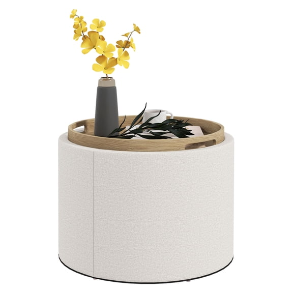 Round Storage Ottoman Coffee Table, Linen Footstool with Flip Top Tray