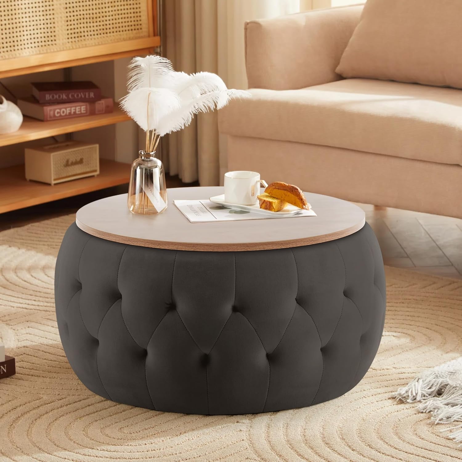 Round Storage Ottoman Coffee Table, Velvet Large Ottoman with Wooden ...