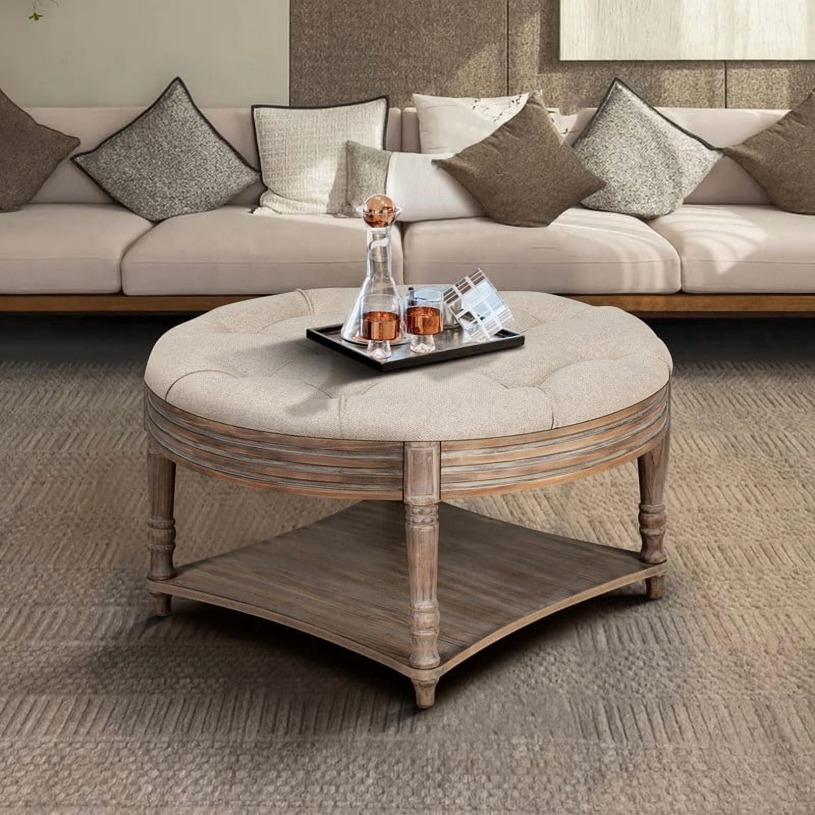 Round Storage Ottoman Coffee Table with Wooden Shelf, Oversized Tufted Upholstered Ottoman with Hidden Storage, Waterproof Linen Footrest for Living Room,Khaki