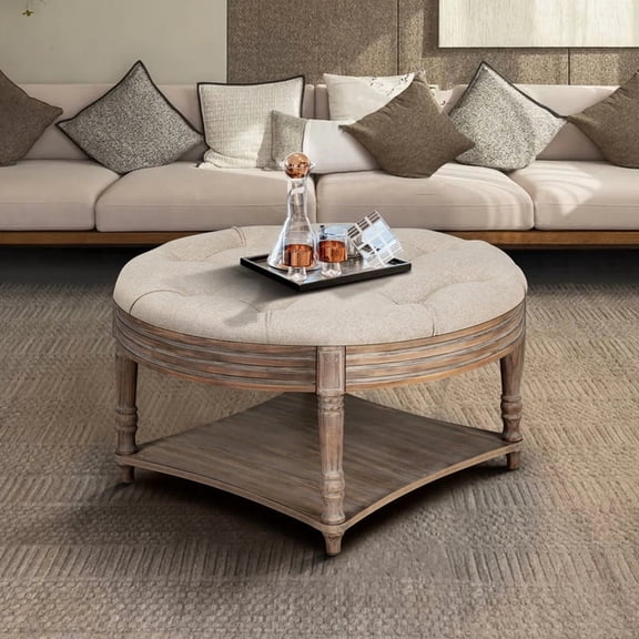 Round Storage Ottoman Coffee Table with Wooden Shelf, Oversized Tufted Upholstered Ottoman with Hidden Storage, Waterproof Linen Footrest for Living Room,Khaki