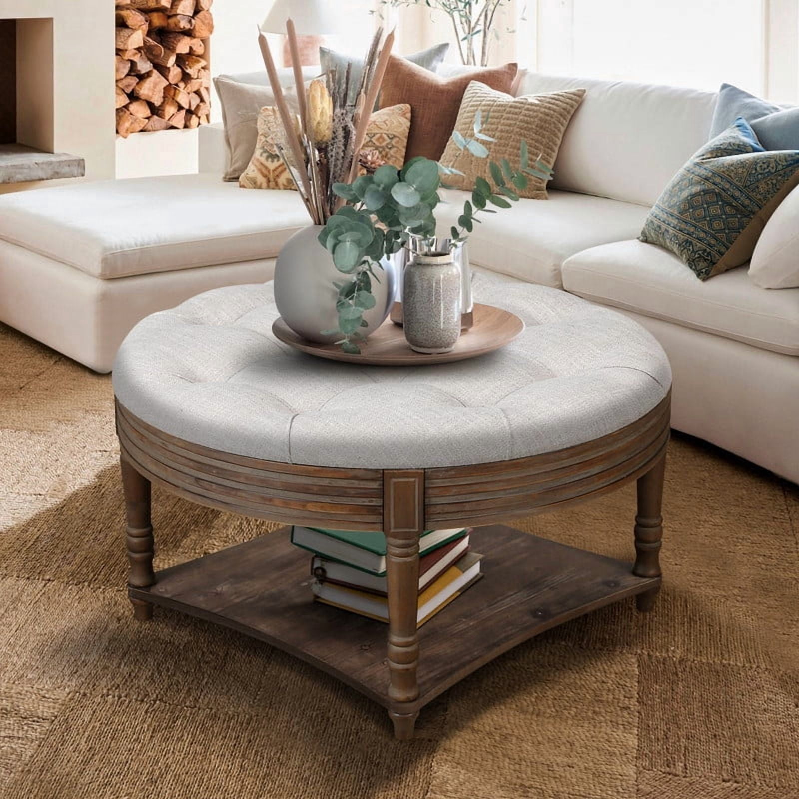 Round Storage Ottoman Coffee Table with Wooden Shelf, Oversized Tufted Upholstered Ottoman with Hidden Storage, Waterproof Linen Footrest for Living Room, Light Gray