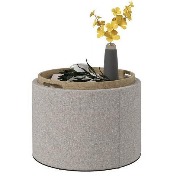 Round Storage Ottoman Coffee Table with Flip Top Tray, Gray