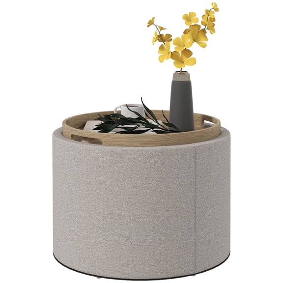 Round Storage Ottoman Coffee Table with Flip Top Tray, Light Gray Polyester, 22x22x16.5 Inches, Hidden Storage Ottoman for Living Room