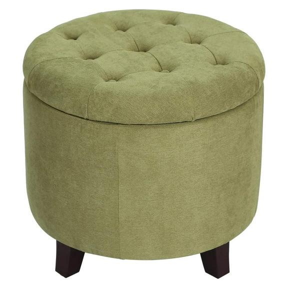 Round Storage Ottoman, Fabric Upholstered Button Tufted Ottoman with Removable Lid, Footrest for Living Room Bedroom (Green)